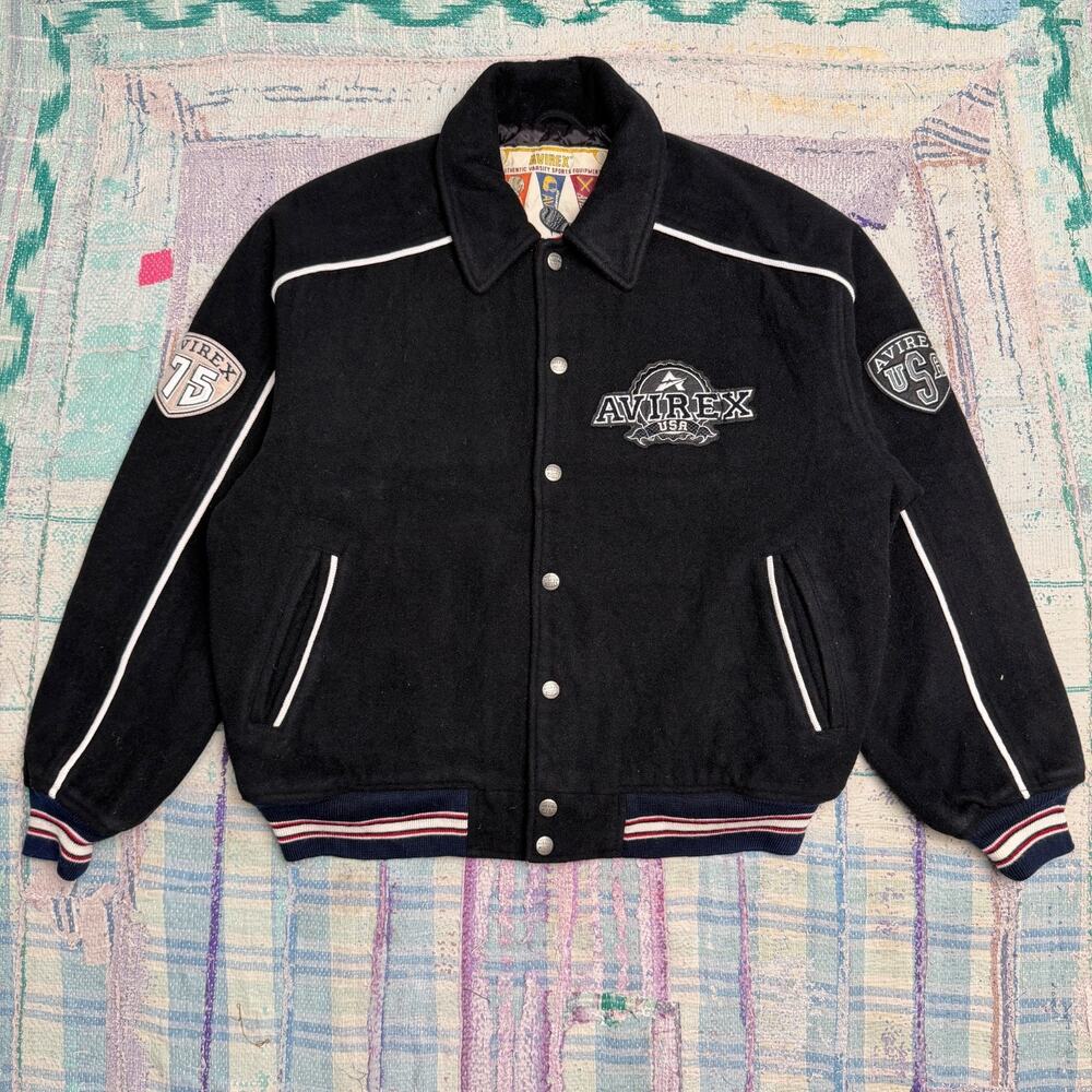 Vintage 90s Avirex Mens XL Spell Out Varsity Jacket Black